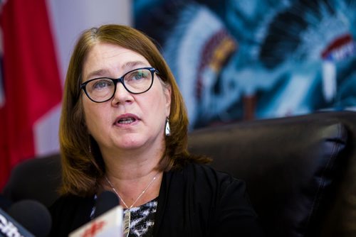 MIKAELA MACKENZIE / WINNIPEG FREE PRESS
Jane Philpott, Minister of Indigenous Services, alongside chiefs from the communities, announces investments in new and renovated schools in Winnipeg on Friday, Nov. 16, 2018. 
Winnipeg Free Press 2018.