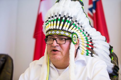 MIKAELA MACKENZIE / WINNIPEG FREE PRESS
Chief Gary Knott of Wasagamack First Nation speaks after the minister announced investments in new and renovated schools in their communities in Winnipeg on Friday, Nov. 16, 2018. 
Winnipeg Free Press 2018.