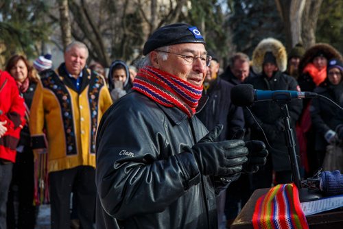 MIKE DEAL / WINNIPEG FREE PRESS
Clément Chartier president of the Métis National Council speaks during the commemoration of the 133rd anniversary of Louis Riels death by the North West Mounted Police at his gravesite on the grounds of the St. Boniface Cathedral Friday morning. 
181116 - Friday, November 16, 2018.