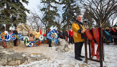 MIKE DEAL / WINNIPEG FREE PRESS
David Chartrand president of the Manitoba Metis Federation during the commemoration of the 133rd anniversary of Louis Riels death by the North West Mounted Police at his gravesite on the grounds of the St. Boniface Cathedral Friday morning. 
181116 - Friday, November 16, 2018.