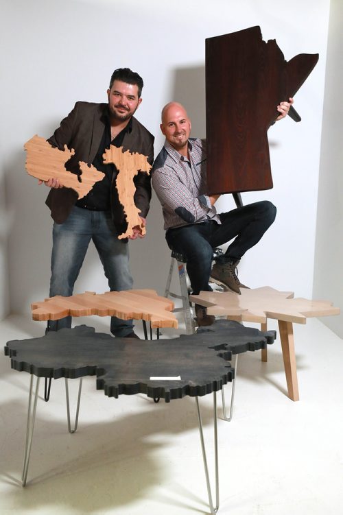 RUTH BONNEVILLE / WINNIPEG FREE PRESS
 
World Table Co. business partners Jason Haddad (right) and Luis Barros with a selection of their tables and boards cut out into shapes of countries taken at their shop on McPhillips.  

Intersection piece about their year-old biz, the World Table Co. As its name suggests, the World Table Co. sells tables & cutting boards shaped like your fave nation (tables are guaranteed against defects but not annexation) 

 Luis and Jason's company is now associated with Wayfair, so they ship all over the world.

Back story:
Jason built his wife a Poland table a couple years ago as a gift for the gal who has everything and after being told again and again by buddies it was a great idea, he decided to go into the country-table biz.

Nov. 24 Intersection

Nov 14th, 2018