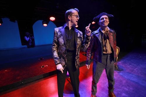 RUTH BONNEVILLE / WINNIPEG FREE PRESS

ENT

MB Operas Don Giovanni on stage rehearsal shots at the Centennial Concert Hall, Tuesday.  
Daniel Okulitch playing Don Giovanni (gold jacket) and Stephen Hegedus, playing Leprrello.  


Holly Harris story. 

 Nov 20th, 2018