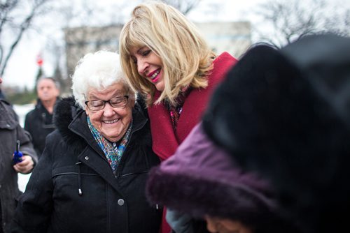 MIKAELA MACKENZIE / WINNIPEG FREE PRESS
Survivor Luba Semaniuk (left) and Minister Cathy Cox smile together as they gather to commemorate the 85th anniversary of the end of the Holodomor, a famine genocide that claimed millions of lives in Ukraine between 1932 and 1933, at the Manitoba Legislative Building in Winnipeg on Thursday, Nov. 22, 2018.
Winnipeg Free Press 2018.