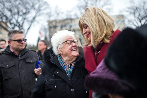 MIKAELA MACKENZIE / WINNIPEG FREE PRESS
Survivor Luba Semaniuk (left) and Minister Cathy Cox smile together as they gather to commemorate the 85th anniversary of the end of the Holodomor, a famine genocide that claimed millions of lives in Ukraine between 1932 and 1933, at the Manitoba Legislative Building in Winnipeg on Thursday, Nov. 22, 2018.
Winnipeg Free Press 2018.