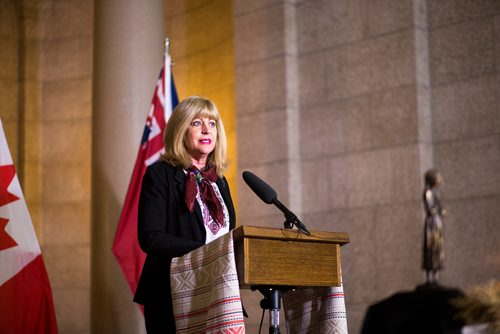 MIKAELA MACKENZIE / WINNIPEG FREE PRESS
Minister Cathy Cox speaks at a gathering to commemorate the 85th anniversary of the end of the Holodomor, a famine genocide that claimed millions of lives in Ukraine between 1932 and 1933, at the Manitoba Legislative Building in Winnipeg on Thursday, Nov. 22, 2018.
Winnipeg Free Press 2018.