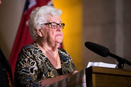 MIKAELA MACKENZIE / WINNIPEG FREE PRESS
Survivor Luba Semaniuk speaks at a gathering to commemorate the 85th anniversary of the end of the Holodomor, a famine genocide that claimed millions of lives in Ukraine between 1932 and 1933, at the Manitoba Legislative Building in Winnipeg on Thursday, Nov. 22, 2018.
Winnipeg Free Press 2018.
