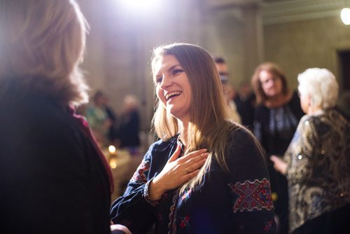 MIKAELA MACKENZIE / WINNIPEG FREE PRESS
Yevgeniya Tatarenko speaks to Minister Cathy Cox at a gathering to commemorate the 85th anniversary of the end of the Holodomor, a famine genocide that claimed millions of lives in Ukraine between 1932 and 1933, at the Manitoba Legislative Building in Winnipeg on Thursday, Nov. 22, 2018.
Winnipeg Free Press 2018.