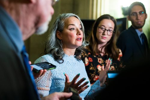 MIKAELA MACKENZIE / WINNIPEG FREE PRESS
NDP MLA Nahanni Fontaine scrums at the Manitoba Legislative Building in Winnipeg on Thursday, Nov. 22, 2018.
Winnipeg Free Press 2018.