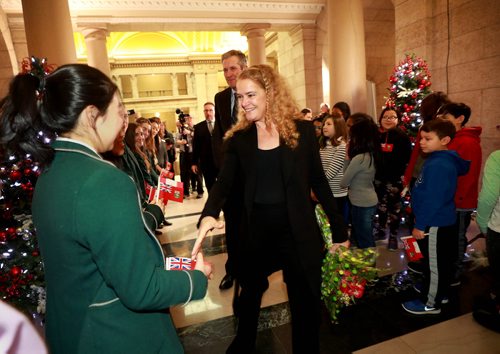 RUTH BONNEVILLE / WINNIPEG FREE PRESS


Julie Payette, Governor General of Canada, greets students from Balmoral Hall and Fort Rouge School in the Rotunda with Manitoba Premier Brian Pallister at the Manitoba Legislative Building during her official welcoming ceremony on Monday.


 Nov 26th, 2018