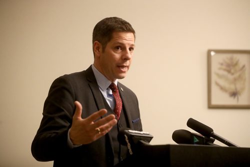 TREVOR HAGAN / WINNIPEG FREE PRESS
Mayor Brian Bowman speaking at the opening of Candace House, a refuge for victims and survivors of violent crimes, Monday, November 26, 2018.