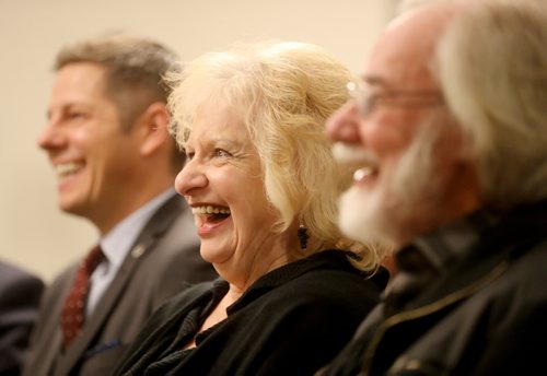 TREVOR HAGAN / WINNIPEG FREE PRESS
Mayor Brian Bowman, Wilma and Cliff Derksen at the opening of Candace House, a refuge for victims and survivors of violent crimes, Monday, November 26, 2018.