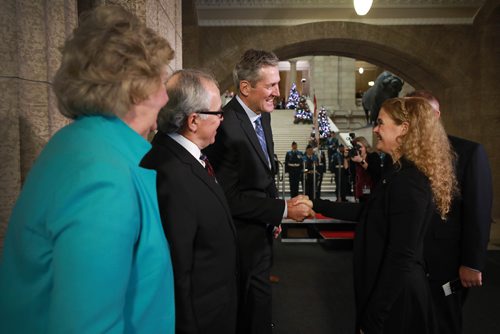 RUTH BONNEVILLE / WINNIPEG FREE PRESS


Julie Payette, Governor General of Canada, greets Manitoba Premier, Brian Pallister, former premier Gary Filmon and Lieutenant Governor of Manitoba., Janice Filmon, as she walks in the door of the Manitoba Legislative Building during her official welcoming ceremony on Monday.


 Nov 26th, 2018