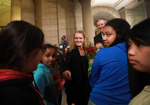 RUTH BONNEVILLE / WINNIPEG FREE PRESS


Julie Payette, Governor General of Canada, greets students from Balmoral Hall and Fort Rouge School in the Rotunda with Manitoba Premier Brian Pallister at the Manitoba Legislative Building during her official welcoming ceremony on Monday.


 Nov 26th, 2018