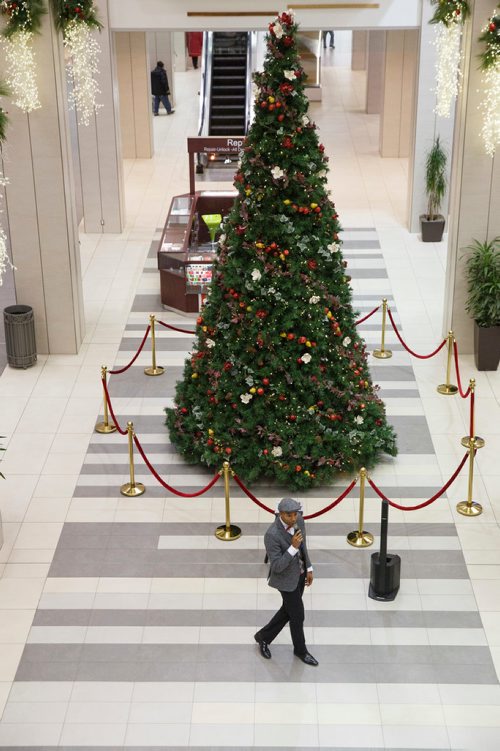 MIKE DEAL / WINNIPEG FREE PRESS
Chad Celaire, in front of the huge tree in Cityplace shopping centre, has for the last three holiday seasons rented out his vocal services, billing himself as The Christmas Singer.
181127 - Tuesday, November 27, 2018.