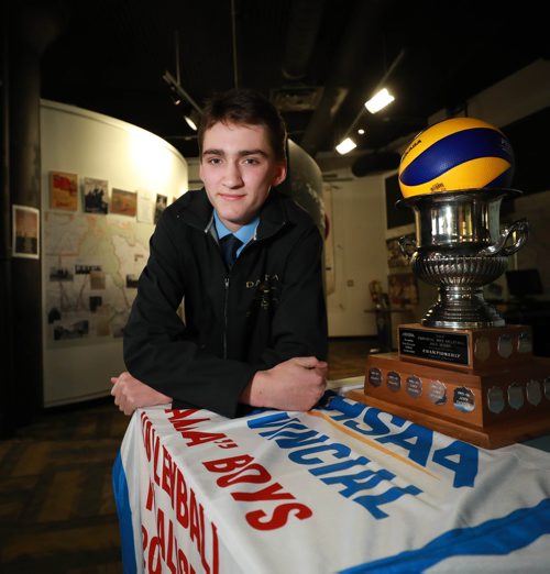 RUTH BONNEVILLE / WINNIPEG FREE PRESS

Sports: Volleyball 
Photos for the AAAA Volleyball Championships News Presser at Sport For Life Centre in the Manitoba Sports Hall of Fame on Tuesday. 

Isaiah Olfert, grade 12 student at Dakota Collegiate who plays with the Dakota Lancers. 

 Nov 27th, 2018