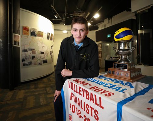 RUTH BONNEVILLE / WINNIPEG FREE PRESS

Sports: Volleyball 
Photos for the AAAA Volleyball Championships News Presser at Sport For Life Centre in the Manitoba Sports Hall of Fame on Tuesday. 

Isaiah Olfert, grade 12 student at Dakota Collegiate who plays with the Dakota Lancers. 

 Nov 27th, 2018