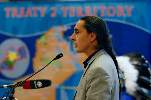 PHIL HOSSACK / WINNIPEG FREE PRESS - AMC Grand Chief Arlen Dumas at a press conference Tuesday afternoon re: Government plans announced that they have appointed two engineering firms for engineering design and construction oversight for the Lake St. Martin and Lake Manitoba Megaprojects.  - November 27, 2018