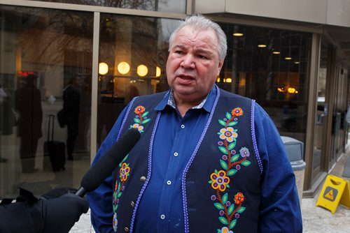 MIKE DEAL / WINNIPEG FREE PRESS
David Chartrand, president of the Manitoba Metis Federation, outside the Law Courts building after a judge denied a temporary stay filing that the MMF had made during it's legal battle with the province over the dismissal of the Turning the Page agreement. 
181128 - Wednesday, November 28, 2018.