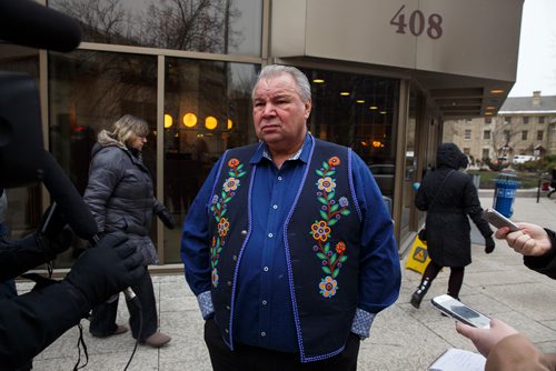 MIKE DEAL / WINNIPEG FREE PRESS
David Chartrand, president of the Manitoba Metis Federation, outside the Law Courts building after a judge denied a temporary stay filing that the MMF had made during it's legal battle with the province over the dismissal of the Turning the Page agreement. 
181128 - Wednesday, November 28, 2018.