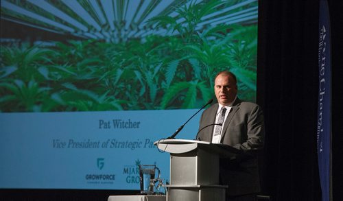 MIKE DEAL / WINNIPEG FREE PRESS
Patrick Witcher, VP of Strategic Partnerships, GrowForce, speaks during the Cannabis and the Workplace conference hosted by The Winnipeg Chamber of Commerce at the RBC Convention Centre Wednesday morning.
181128 - Wednesday, November 28, 2018.