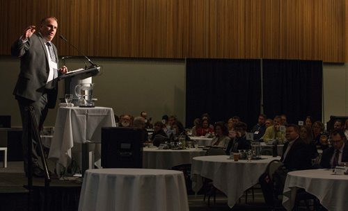 MIKE DEAL / WINNIPEG FREE PRESS
Patrick Witcher, VP of Strategic Partnerships, GrowForce, speaks during the Cannabis and the Workplace conference hosted by The Winnipeg Chamber of Commerce at the RBC Convention Centre Wednesday morning.
181128 - Wednesday, November 28, 2018.