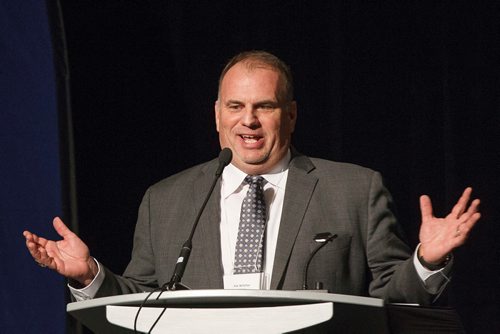 MIKE DEAL / WINNIPEG FREE PRESS
Patrick Witcher, VP of Strategic Partnerships, GrowForce, speaks during the Cannabis and the Workplace conference hosted by The Winnipeg Chamber of Commerce at the RBC Convention Centre Wednesday morning.
181128 - Wednesday, November 28, 2018.