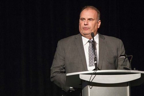 MIKE DEAL / WINNIPEG FREE PRESS
Patrick Witcher, VP of Strategic Partnerships, GrowForce, speaks during the Cannabis and the Workplace conference hosted by The Winnipeg Chamber of Commerce at the RBC Convention Centre Wednesday morning.
181128 - Wednesday, November 28, 2018.