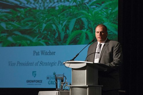 MIKE DEAL / WINNIPEG FREE PRESS
Patrick Witcher, VP of Strategic Partnerships, GrowForce, speaks during the Cannabis and the Workplace conference hosted by The Winnipeg Chamber of Commerce at the RBC Convention Centre Wednesday morning.
181128 - Wednesday, November 28, 2018.