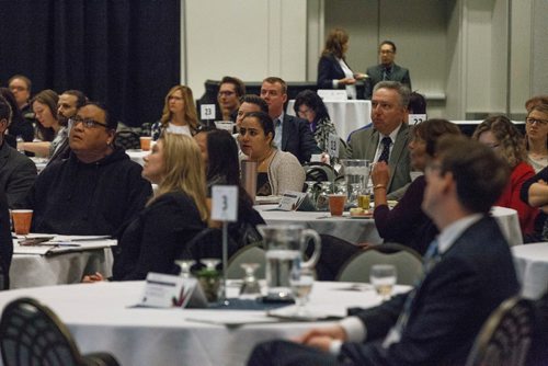 MIKE DEAL / WINNIPEG FREE PRESS
Participants listen as Patrick Witcher, VP of Strategic Partnerships, GrowForce, speaks during the Cannabis and the Workplace conference hosted by The Winnipeg Chamber of Commerce at the RBC Convention Centre Wednesday morning.
181128 - Wednesday, November 28, 2018.