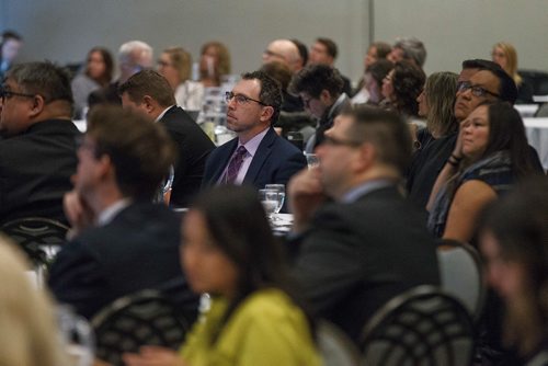 MIKE DEAL / WINNIPEG FREE PRESS
Participants listen as Patrick Witcher, VP of Strategic Partnerships, GrowForce, speaks during the Cannabis and the Workplace conference hosted by The Winnipeg Chamber of Commerce at the RBC Convention Centre Wednesday morning.
181128 - Wednesday, November 28, 2018.