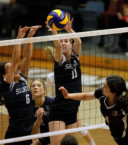 PHIL HOSSACK / WINNIPEG FREE PRESS -Selkirk Royal #11 Asha Gurney blocks an attempt from Portage Saint #4Simone Crevier.  - November 28, 2018