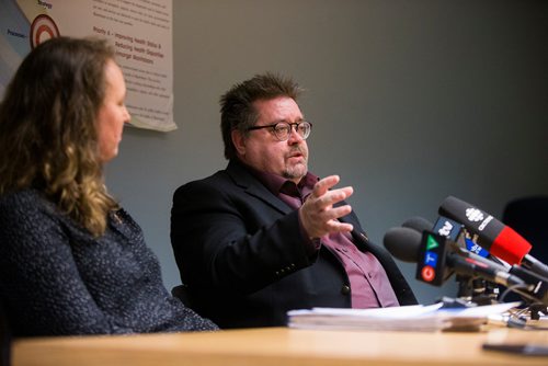 MIKAELA MACKENZIE / WINNIPEG FREE PRESS
Lisa Richards, medical officer of health in Winnipeg (left), and Don Labossiere, director of environmental compliance and enforcement at Manitoba Sustainable Development, talk about soil contamination in Winnipeg on Thursday, Nov. 29, 2018.
Winnipeg Free Press 2018.