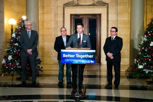 MIKAELA MACKENZIE / WINNIPEG FREE PRESS
Mayor Brian Bowman speaks with president of the Association of Manitoba Municipalities Ralph Groening (left), Finance Minister Scott Fielding, and Municipal Relations Minister Jeff Wharton behind him at a press conference about new provisions facilitating the disclosure and investigation of serious wrongdoing within public-sector entities at the Manitoba Legislative Building in Winnipeg on Friday, Nov. 30, 2018.
Winnipeg Free Press 2018.