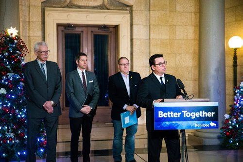 MIKAELA MACKENZIE / WINNIPEG FREE PRESS
Municipal Relations Minister Jeff Wharton speaks with president of the Association of Manitoba Municipalities Ralph Groening (left), Mayor Brian Bowman, and Finance Minister Scott Fielding behind him at a press conference about new provisions facilitating the disclosure and investigation of serious wrongdoing within public-sector entities at the Manitoba Legislative Building in Winnipeg on Friday, Nov. 30, 2018.
Winnipeg Free Press 2018.