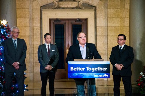 MIKAELA MACKENZIE / WINNIPEG FREE PRESS
Finance Minister Scott Fielding speaks with president of the Association of Manitoba Municipalities Ralph Groening (left), Mayor Brian Bowman, and Municipal Relations Minister Jeff Wharton behind him at a press conference about new provisions facilitating the disclosure and investigation of serious wrongdoing within public-sector entities at the Manitoba Legislative Building in Winnipeg on Friday, Nov. 30, 2018.
Winnipeg Free Press 2018.