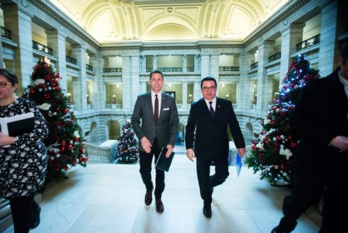 MIKAELA MACKENZIE / WINNIPEG FREE PRESS
Mayor Brian Bowman (left) and Municipal Relations Minister Jeff Wharton walk to a press conference about new provisions facilitating the disclosure and investigation of serious wrongdoing within public-sector entities at the Manitoba Legislative Building in Winnipeg on Friday, Nov. 30, 2018.
Winnipeg Free Press 2018.