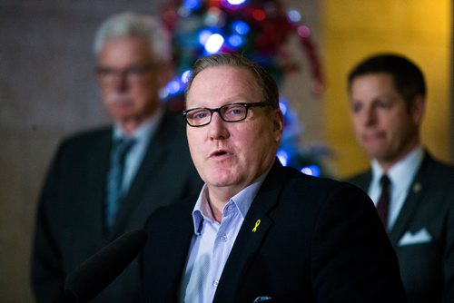 MIKAELA MACKENZIE / WINNIPEG FREE PRESS
Finance Minister Scott Fielding speaks at a press conference about new provisions facilitating the disclosure and investigation of serious wrongdoing within public-sector entities at the Manitoba Legislative Building in Winnipeg on Friday, Nov. 30, 2018.
Winnipeg Free Press 2018.