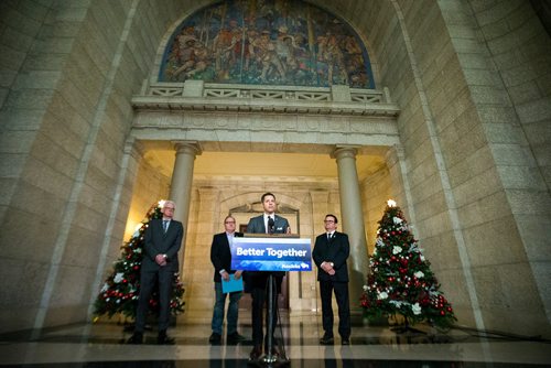 MIKAELA MACKENZIE / WINNIPEG FREE PRESS
Mayor Brian Bowman speaks with president of the Association of Manitoba Municipalities Ralph Groening (left), Finance Minister Scott Fielding, and Municipal Relations Minister Jeff Wharton behind him at a press conference about new provisions facilitating the disclosure and investigation of serious wrongdoing within public-sector entities at the Manitoba Legislative Building in Winnipeg on Friday, Nov. 30, 2018.
Winnipeg Free Press 2018.