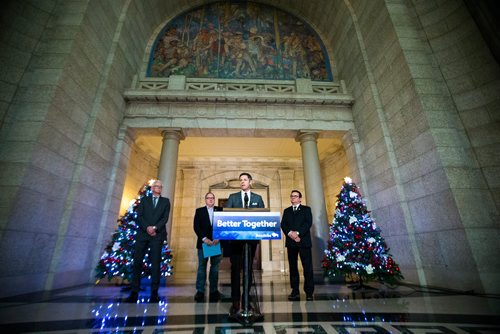 MIKAELA MACKENZIE / WINNIPEG FREE PRESS
Mayor Brian Bowman speaks with president of the Association of Manitoba Municipalities Ralph Groening (left), Finance Minister Scott Fielding, and Municipal Relations Minister Jeff Wharton behind him at a press conference about new provisions facilitating the disclosure and investigation of serious wrongdoing within public-sector entities at the Manitoba Legislative Building in Winnipeg on Friday, Nov. 30, 2018.
Winnipeg Free Press 2018.