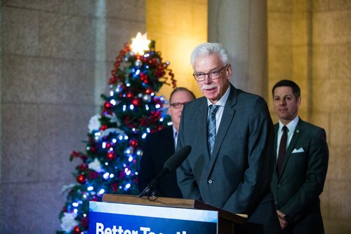 MIKAELA MACKENZIE / WINNIPEG FREE PRESS
President of the Association of Manitoba Municipalities Ralph Groening speaks about new provisions facilitating the disclosure and investigation of serious wrongdoing within public-sector entities at the Manitoba Legislative Building in Winnipeg on Friday, Nov. 30, 2018.
Winnipeg Free Press 2018.