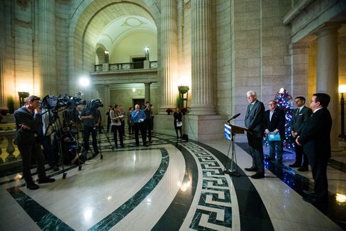 MIKAELA MACKENZIE / WINNIPEG FREE PRESS
President of the Association of Manitoba Municipalities Ralph Groening speaks about new provisions facilitating the disclosure and investigation of serious wrongdoing within public-sector entities at the Manitoba Legislative Building in Winnipeg on Friday, Nov. 30, 2018.
Winnipeg Free Press 2018.