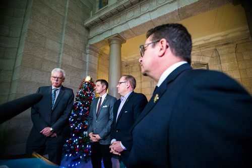 MIKAELA MACKENZIE / WINNIPEG FREE PRESS
President of the Association of Manitoba Municipalities Ralph Groening (left), Mayor Brian Bowman, Finance Minister Scott Fielding, and Municipal Relations Minister Jeff Wharton answer questions from the media after a press conference about new provisions facilitating the disclosure and investigation of serious wrongdoing within public-sector entities at the Manitoba Legislative Building in Winnipeg on Friday, Nov. 30, 2018.
Winnipeg Free Press 2018.