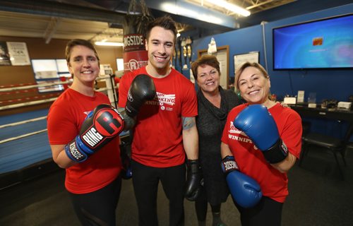 TREVOR HAGAN / WINNIPEG FREE PRESS
Joanne Conway, Brandt Butt, Karen Velthuys and Sheri Larsen-Celhar at United Boxing Club, Saturday, December 1, 2018. They volunteer leading Rock Steady boxing classes for people living with Parkinson's.