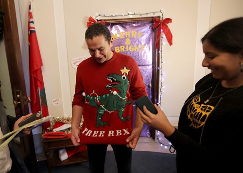 TREVOR HAGAN / WINNIPEG FREE PRESS
Opposition leader, Wab Kinew wearing an ugly Christmas sweater at the annual open house at the Manitoba Legislative Building, Saturday, December 1, 2018.