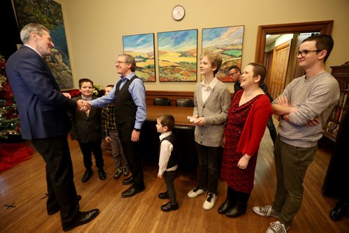 TREVOR HAGAN / WINNIPEG FREE PRESS
Premier Brian Pallister meeting with Jerome and Angela Dondo, along with some of their children, Joseph, 11, Jonathan, 9, Jathan, 5, Josiah, 16, and Joshua, 17, at the annual open house at the Manitoba Legislative Building, Saturday, December 1, 2018. Angela came to thank the premier for her ability to receive cancer treatments in the US.