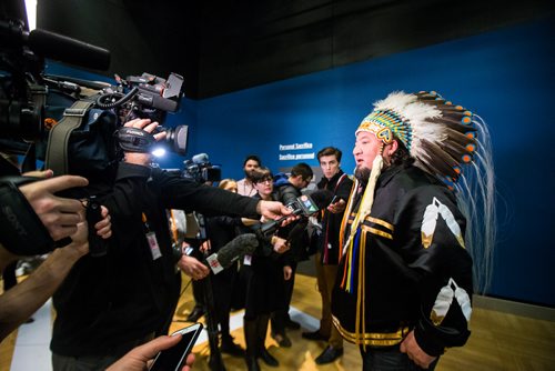 MIKAELA MACKENZIE / WINNIPEG FREE PRESS
Indigenous leader Derek Nepinak speaks to the media after spending 27 hours fasting in an eight-foot by seven-foot replica of Nelson Mandela's jail cell as a personal journey to reflect on the parallels between the apartheid system and the experience of Indigenous people in Canada in Winnipeg on Tuesday, Dec. 4, 2018.
Winnipeg Free Press 2018.