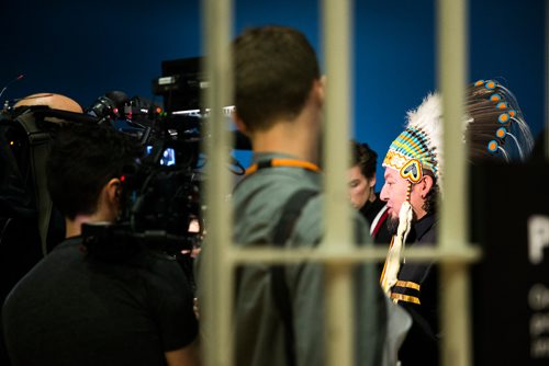 MIKAELA MACKENZIE / WINNIPEG FREE PRESS
Indigenous leader Derek Nepinak speaks to the media after spending 27 hours fasting in an eight-foot by seven-foot replica of Nelson Mandela's jail cell as a personal journey to reflect on the parallels between the apartheid system and the experience of Indigenous people in Canada in Winnipeg on Tuesday, Dec. 4, 2018.
Winnipeg Free Press 2018.