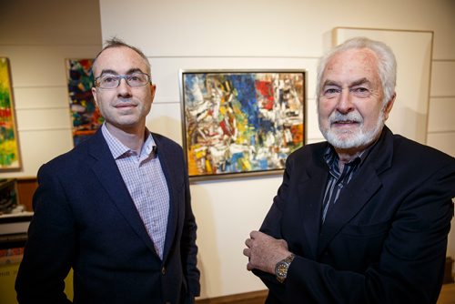 MIKE DEAL / WINNIPEG FREE PRESS
Shaun and Bill Mayberry in the Mayberry gallery on McDermot Avenue with the Jean Paul Riopelle on the wall behind them.
181205 - Wednesday, December 05, 2018.