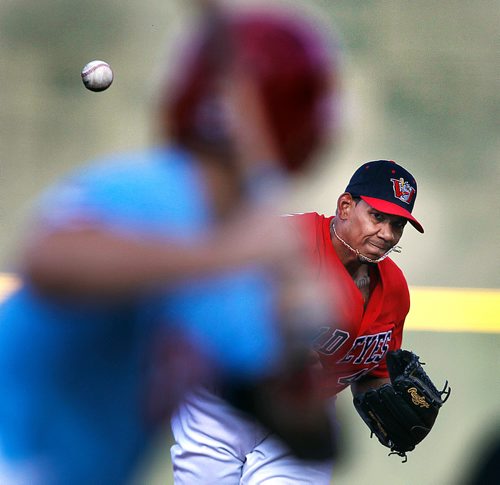 PHIL HOSSACK / WINNIPEG FREE PRESS - Winnipeg Goldeye pitcher JC Sulbarn releases his curveball at Chicago Dogs #33 Treyson Vavra Friday evening at Shaw Park. See story. - August 3, 2018