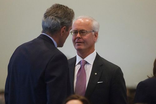 MIKE DEAL / WINNIPEG FREE PRESS
Premier Brian Pallister chats with Harley Richardson before the start of the State of the Province event at RBC Convention Centre Thursday morning.
181206 - Thursday, December 06, 2018.